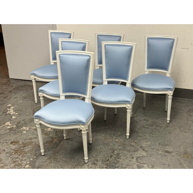 French Louis XVI Style White Washed Dining Side Chairs, Set of Six For Sale - Image 3 of 12