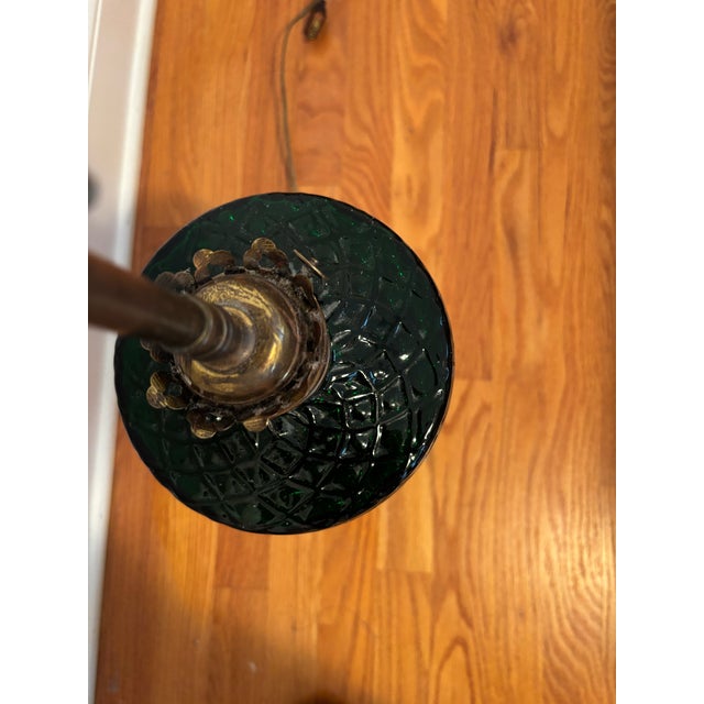 Vintage Brass and Forest Green Glass Dual-Socket Banquet Lamp For Sale - Image 4 of 10