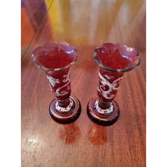 Pair of Antique Bohemian Glass Moser Ruby Bud Vases For Sale - Image 4 of 5