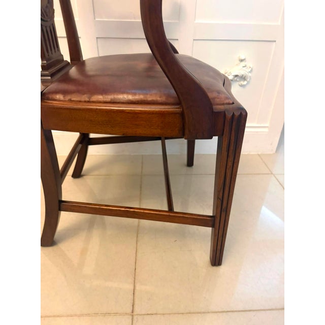 Antique Victorian Hepplewhite Mahogany Shield Back Dining Chairs with Carvers in Tan Leather, 1890, Set of 8 For Sale - Image 15 of 18