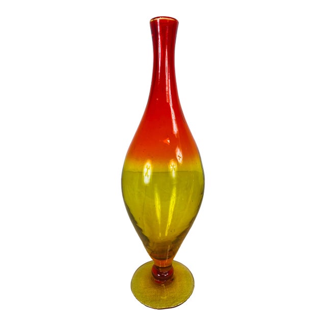 Mid Century Vintage Modern Hand Blown Blenko Amberina Bud Vase by Wayne Husted. For Sale
