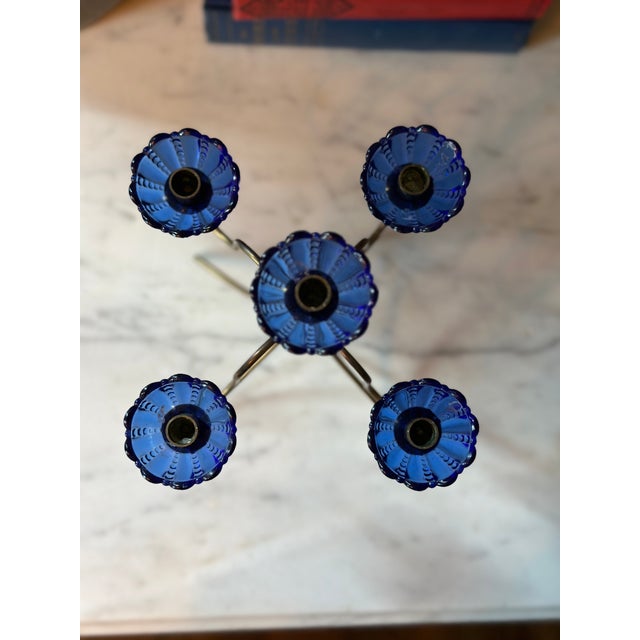 Ystad Metall MCM Gunnar Ander for Ystad-Metall 5-Light Brass & Cobalt Blue Glass Flower Candelabra For Sale - Image 4 of 5