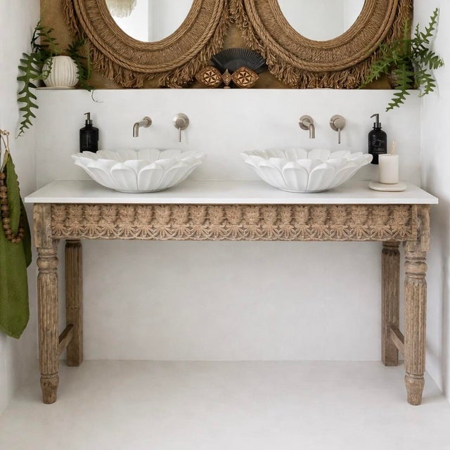 Handmade White Marble Petal Vessel Sink - Stone Bathroom Basin For Sale - Image 6 of 11