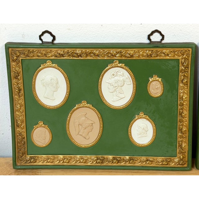 Ceramic Pair of Italian Grand Tour–Style Green & Gilt Jasperware Intaglio Wall Plaques For Sale - Image 7 of 13