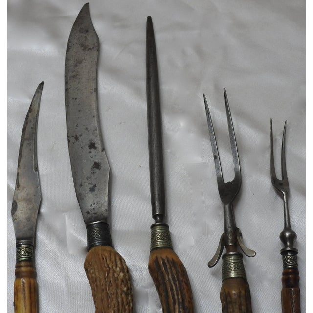 Traditional Antique Horn Handled Five-Piece Carving Set For Sale - Image 3 of 6