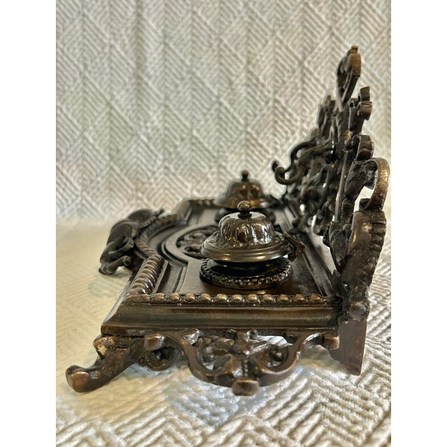 Victorian Antique Bronze Victorian Rococo Revival Double Inkwell For Sale - Image 3 of 11