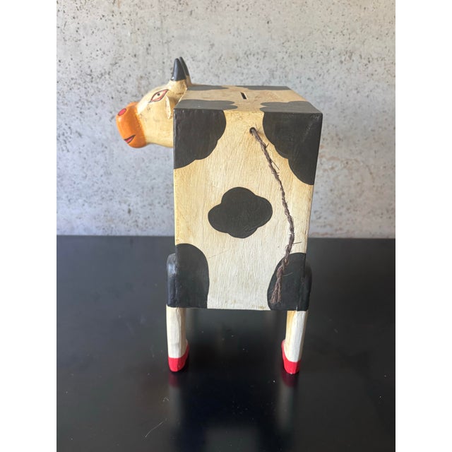Mid 20th Century Vintage Hand Painted Folk Art Cow Bank Whimsical Wood Animal Sculpture For Sale - Image 5 of 8