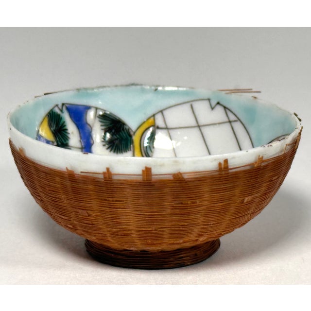 Early 20th Century Early 20th Century Japanese Porcelain Geisha Girl Sakazuki in Woven Bamboo For Sale - Image 5 of 10