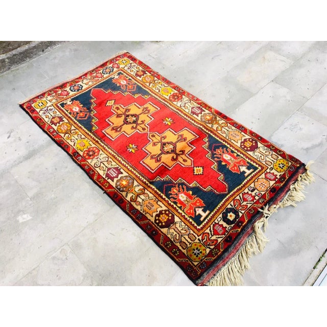 Boho Chic Vintage Anatolian Handmade Red Color Rug For Sale - Image 3 of 8