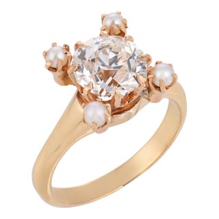 1900-1909 Victorian Gia 1.56 Carat Old European Cut Diamond Seed Pearl 18k Gold Ring, Size 4 For Sale