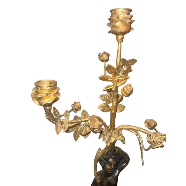 Pair of Late 19th C. French Belle Époque Candelabras Bronze, Gilt Metal & Marble For Sale - Image 4 of 9
