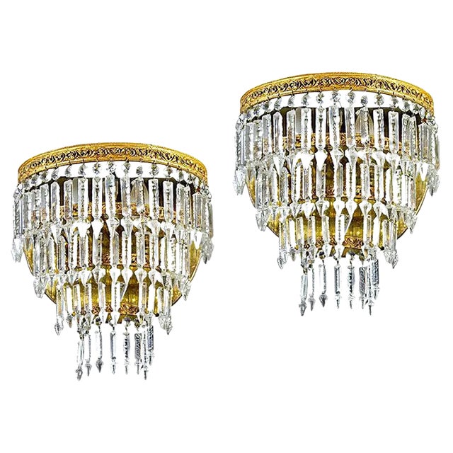 Crystal and Brass Scones or Wall Lights Italy, 1940s, Set of 2 For Sale