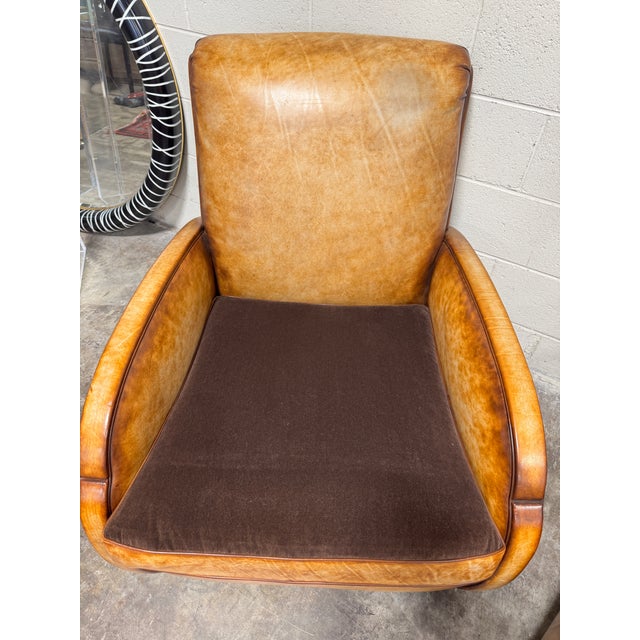 1990s Art Deco Style Leather & Velvet Club Chairs - A Pair For Sale - Image 5 of 10