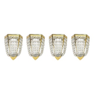 Vintage French Art Deco Wall Lamps in Gilded Bronze and Crystal, 1920, Set of 4 For Sale
