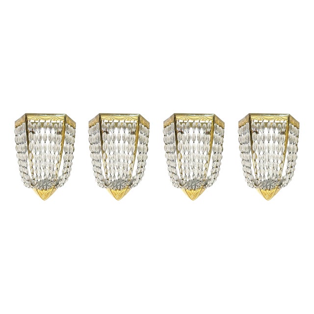 Vintage French Art Deco Wall Lamps in Gilded Bronze and Crystal, 1920, Set of 4 For Sale