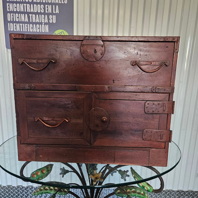 Diminutive 19th C Japanese Tansu Traveling Chest sold as found showing wear commensurate with age without overt damage
