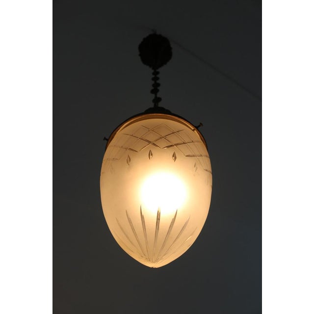 Metal Antique French Teardrop Hall Lantern in Brass with Etched Frosted Glass, 1890s For Sale - Image 7 of 16