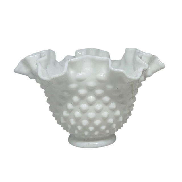 Ruffled Rim Hobnail White Milk Glass Bowl Vase — Vintage 6.5" Wide For Sale - Image 12 of 12