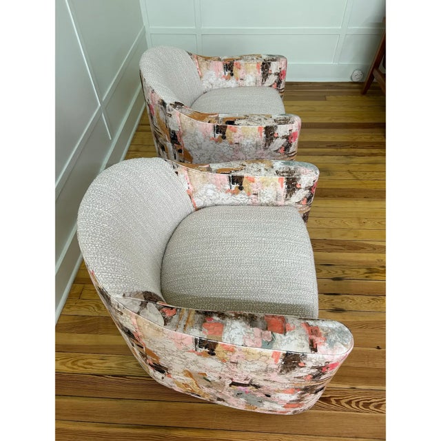 1990s Pair of 1990s Attributed Brueton Swivel Chairs, Newly Upholstered in Kravet Chenille & Fabricut Printed Velvet For Sale - Image 5 of 8
