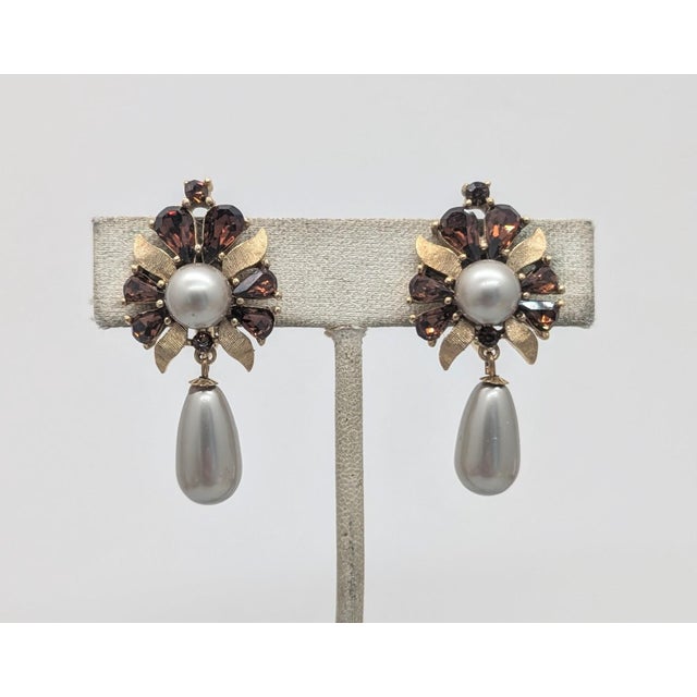 Rare late 1950s goldtone tear drop shaped and round faux-topaz with round grey faux-pearl and oblong faux-grey pearl drop...