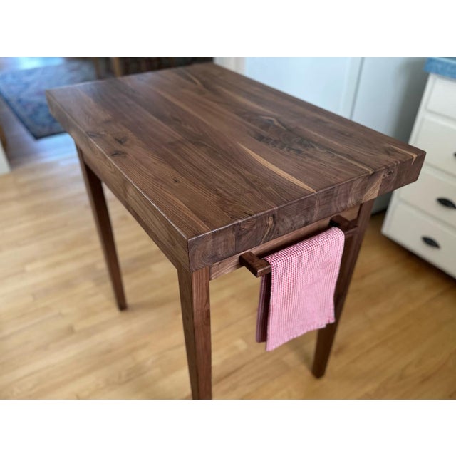 Solid 3” Thick Walnut Kitchen Table, Dovetailed Drawer, Towel Bar and Tapered Legs For Sale - Image 6 of 9