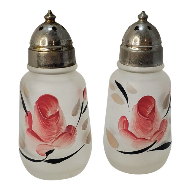 Boho Chic Hazel Atlas Satin Glass With Painted Floral Design Salt & Pepper Shakers For Sale