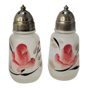 Boho Chic Hazel Atlas Satin Glass With Painted Floral Design Salt & Pepper Shakers