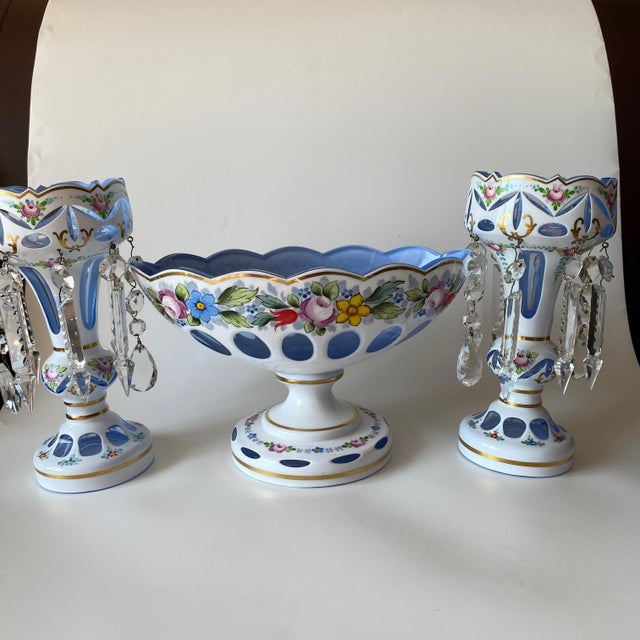 White Antique Moser Glass Lusters: Bohemian Glass, White Cut-to-Blue, Hand-Painted For Sale - Image 8 of 13