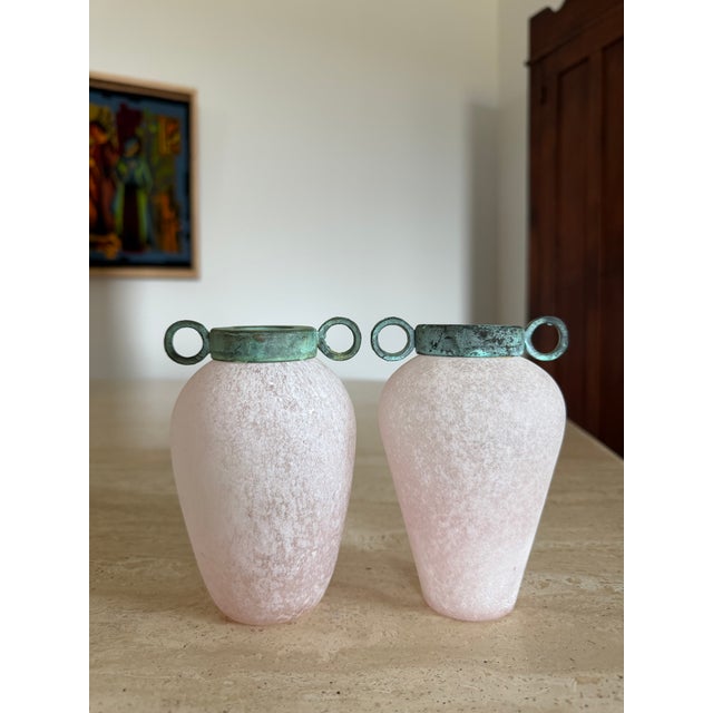 Pair of Scavo Murano-Style Glass Vessels Bud Vases Pink Verdigris Metal Handles For Sale - Image 9 of 18