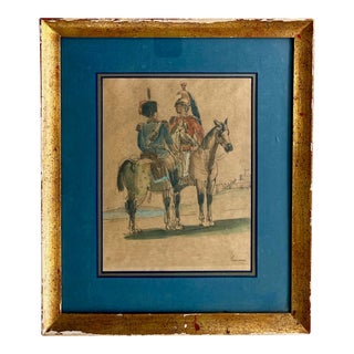Antique 19th Century Watercolor Drawing of Napoleonic Soldiers on Horseback in Landscape For Sale