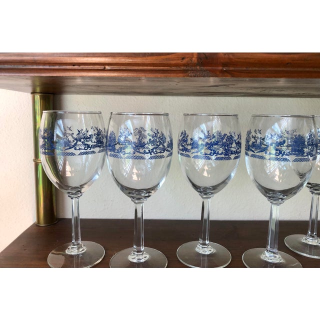 Chinoiserie Mid 20th Century Blue Willow Wine Glasses Set 8 For Sale - Image 3 of 12