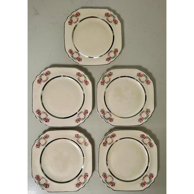 Art Deco Limoges Art Deco Pink Floral and Silver Trim Dessert Plates - Set of 5 For Sale - Image 3 of 7