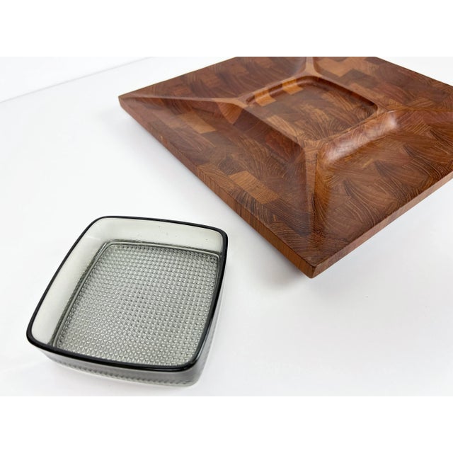Vintage Danish divided serving tray in endgrain teak with smoked glass dish by Digsmed. Maker: Digsmed Origin: Denmark...