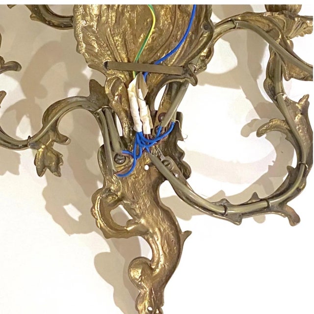 Gold 19th Century French Rococo 5 Arm Wired Wall Sconces - A Pair For Sale - Image 8 of 11