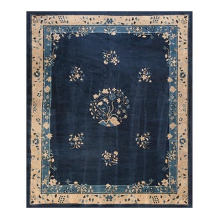 Incredible Navy Background and Special Central Floral Antique Chinese Peking Rug For Sale