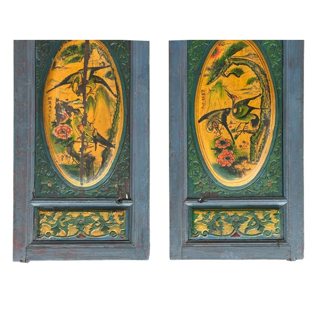 Pair Vintage Chinese Teal Blue Yellow Fujian Style Graphic Wood Wall Door Panels For Sale - Image 10 of 11