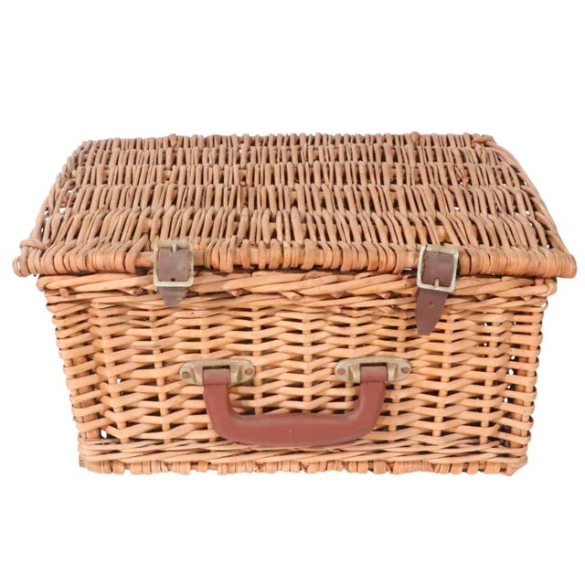 Wood Vintage Wicker Hinged Picnic Basket For Sale - Image 7 of 8