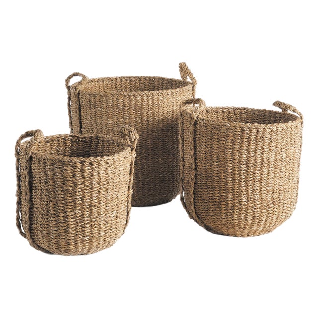 Seagrass Round Drum Baskets, Set Of 3 For Sale