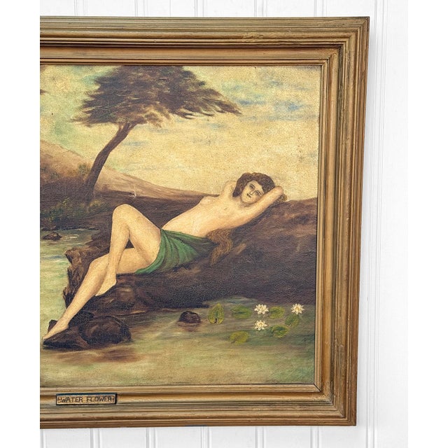 Antique Art Nouveau Nude Women "Water Flower" Signed Oil on Canvas Painting For Sale - Image 6 of 13