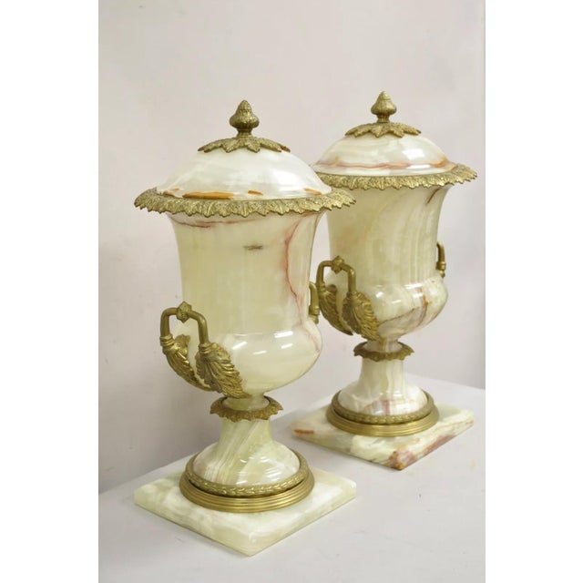 Mid 20th Century French Louis XVI Empire Style Onyx and Bronze Ormolu Large Lidded Urn - A Pair For Sale - Image 10 of 12