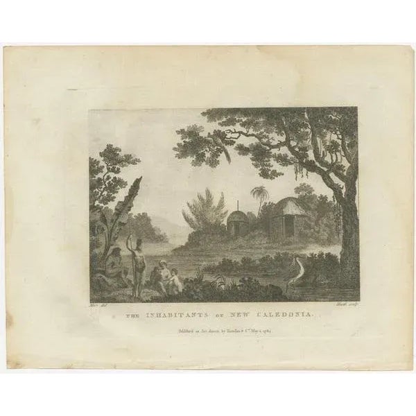 This antique engraving titled "The Inhabitants of New Caledonia" appears to be from the accounts of Captain James Cook's...