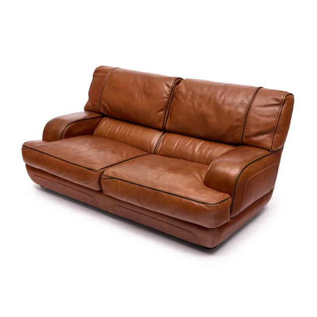 Italian Modernist Cognac Large Two Seat Leather Sofa For Sale - Image 4 of 9