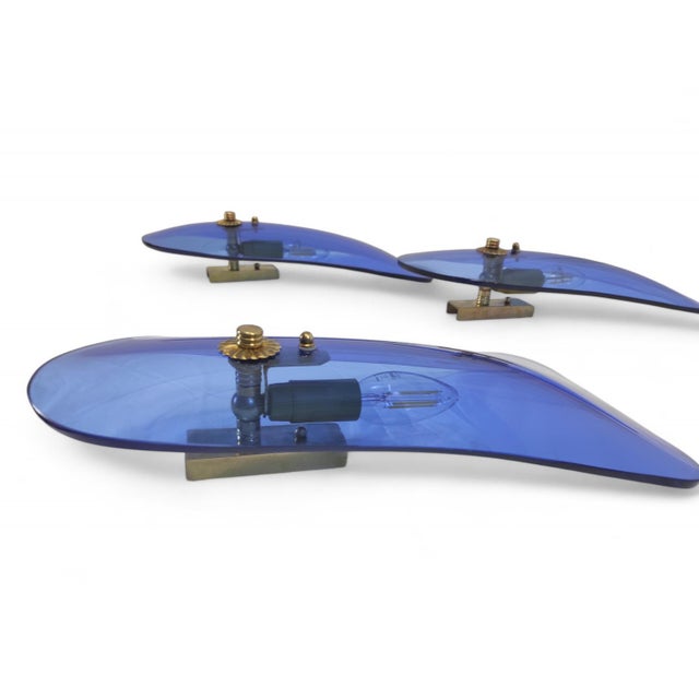 Mid-Century Modern Italian Blue Glass Wall Lamps, 1950, Set of 3 For Sale - Image 3 of 13