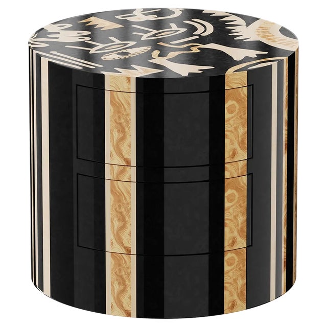 Cabeza Round Bedside Table with Black Abstract Pattern by HOMMÉS Studio For Sale