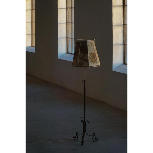 Art Deco Danish Iron Floor Lamp with Tripod Base and Floral Lampshade, 1940s For Sale - Image 3 of 18