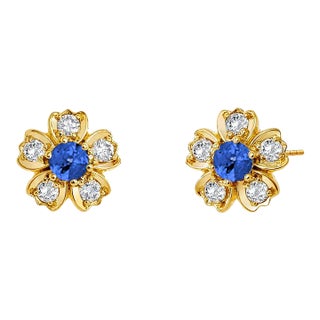 Syna Yellow Gold Flower Studs with Blue Sapphires and Diamonds, a Pair For Sale