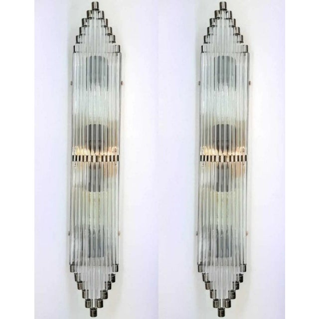 1940s Pair Vintage 1940s Art Deco Skyscraper Wall Sconces in Nickel Brass & Glass Rod Ship 4 Light For Sale - Image 5 of 5