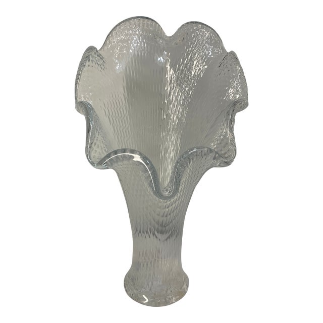 Heavy C. 1950s Clear Glass Handkerchief Vase 12” For Sale