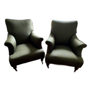 Pair of Vintage Napoleon III-Style Wingback Lounge Chairs on Casters For Sale
