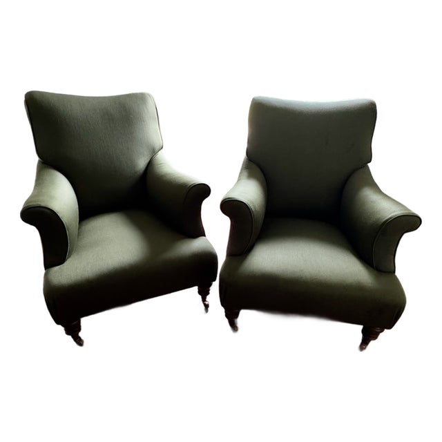 Pair of Vintage Napoleon III-Style Wingback Lounge Chairs on Casters For Sale